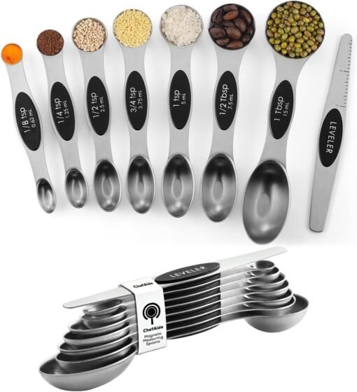 ChefAide Pack of 8 Stainless Steel Magnetic Measuring Spoons...