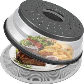 LekDrok 10 Inch Microwave Food Cover & Collapsible Silicone Mat – Splatter Guard, Plate Holder & Kitchen Colander for Meal Prep, Charcoal